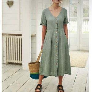 Woolovers Size 14 Linen Button Through Dress Pinafore Midi Button Down Modest